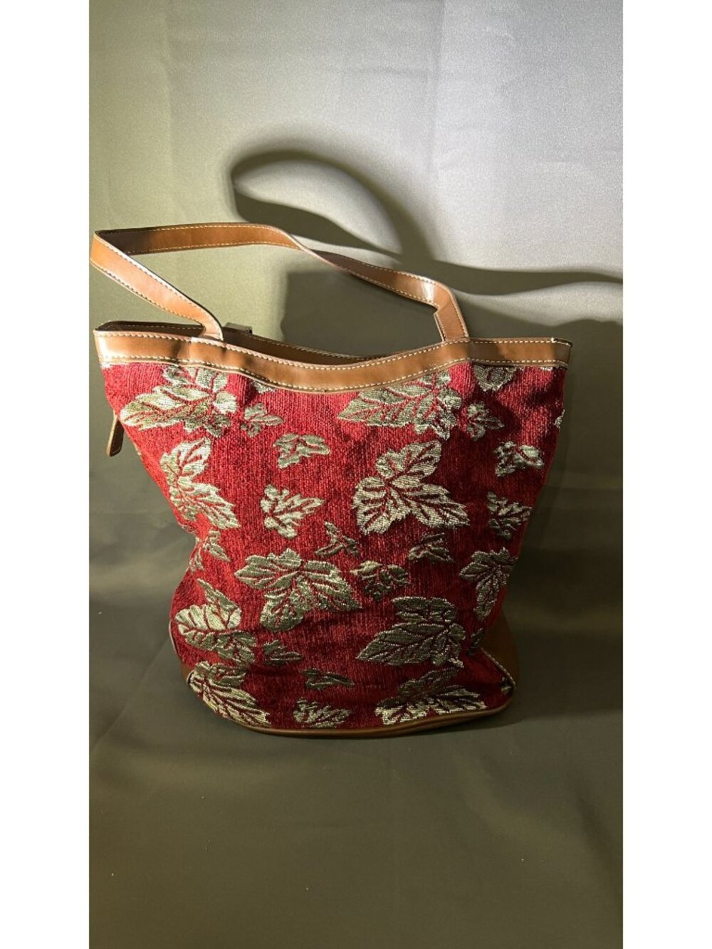 Woven Floral Pattern Tote Handbag With Leather Trim